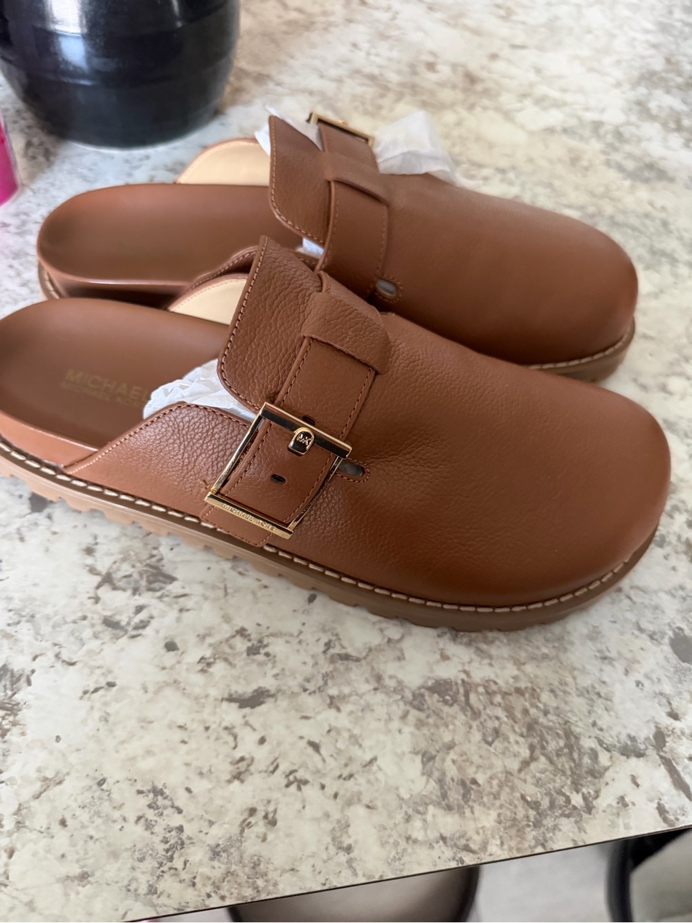 Michael Kors Brown Leather Buckle Clog Mules - Picture 2 of 4